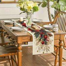 1 Set Of Linen Table Runner, Holly And Red Gold Christmas Decoration Ball Pattern. Durable Indoor And Outdoor Holiday Table Flags, Suitable For Kitchen, Restaurant, And Christmas Party Decoration, Holiday Themes, And Home Decor. - Multicolor - View 9
