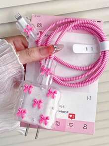 1 Set Ins Sweet Cool Bow Cable Protector Set, Transparent Shell Anti-Tangle Pet-Bite Resistant, Girly Sweet Style Commute Travel Portable Storage Accessory, Dust-Proof Oil-Resistant Slows Shell Aging And Yellowing, Compatible With Apple 18W/20W PD Fast Charging, Niche Sweet Cool Gift For Girlfriend - Black Bow With Small Pearls - View 1