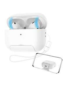 Minimalist Magnetic Lock Buckle Stand Headphones Case Compatible With AirPods Pro3/4 And 3 Pro, Secure‑Lock Design, Shock‑Absorbent Multi‑Functional Protective Cover, Compatible With AirPods Pro2, Available In Candy‑Colored Styles, Comes With Lanyard - White - View 3