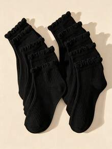 5/10/20 Pairs 1‑14Y Girls Black Scallop Ruffle Trim Ankle Socks, Soft Ribbed Knit Breathable All‑Season Kids Socks For Daily Wear & School - Black - View 9