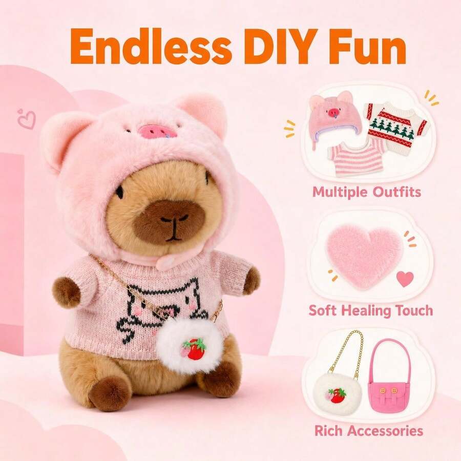 Capybara Plush Toy With 9PCS Dress Up Clothes, Soft Stuffed Animal Set, Cute Interactive Gift, Christmas Gift For Girls Boys - Pink - View 1