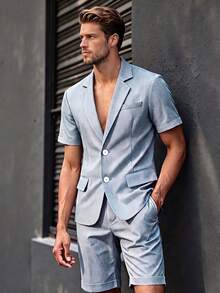 Men's Lightweight Suit Set, Short Sleeve Blazer And Shorts Casual Outfit, Suitable For Daily Wear, Casual Commuting, Summer - Navy Blue - View 1