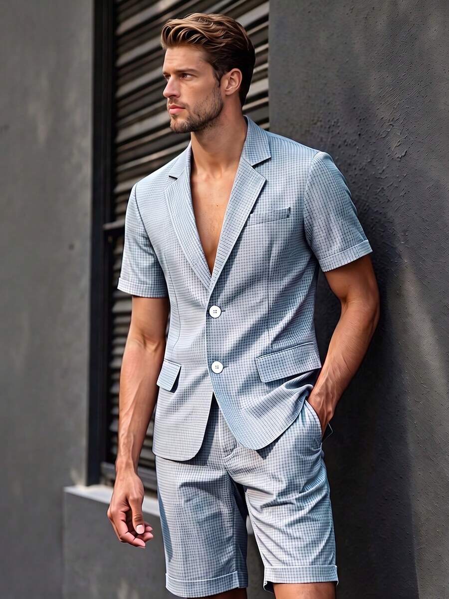 Men's Lightweight Suit Set, Short Sleeve Blazer And Shorts Casual Outfit, Suitable For Daily Wear, Casual Commuting, Summer - Navy Blue - View 1