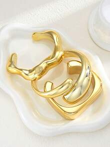 3pcs/Set Chunky Fashion Minimalist Elegant Exquisite Vintage Design Geometric Ribbon Water Drop Wave Square CCB Metal Style Minimalist Plain Wide Chunky Open Bangle Bracelet Set For Holiday Vacation Party Date Gift Daily Commute Wear Personalized - Yellow Gold - View 2