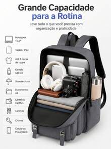 Mochila Multifuncional para Notebook Resistente à Água Grande Capacidade Compartimento Acolchoado Bolsos Laterais Alças Ajustáveis Costas Respiráveis Faixa para Mala Trabalho Estudo Viagens - Preto - Visão 6