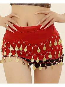 Multi-Layer Gold Coin Bead Tassel Dance Waist Accessory Chiffon Tie Belly Dance Practice Performance Hip Scarf Waist Belt Ornament - Red - View 2