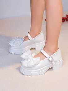 Autumn/Winter New Girls' White Mary Jane Shoes With Bow And Pearl Decor, Simple Sweet Versatile Children's Princess Shoes - White - View 6