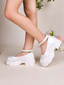 New White Pearl Ankle Strap Platform Mary Jane Shoes, Vintage Style, Versatile Comfortable Thick Sole For Girls - White - View 4