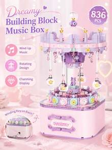 1pc 782/836 PCS Mechanical Wind-Up Building Block Music Box, 2 Styles Available, Rotates While Playing Music, Dream Carousel & Space Explorer Small Blocks Toy, Desktop Display Decor, Gift Idea - Clear - View 3