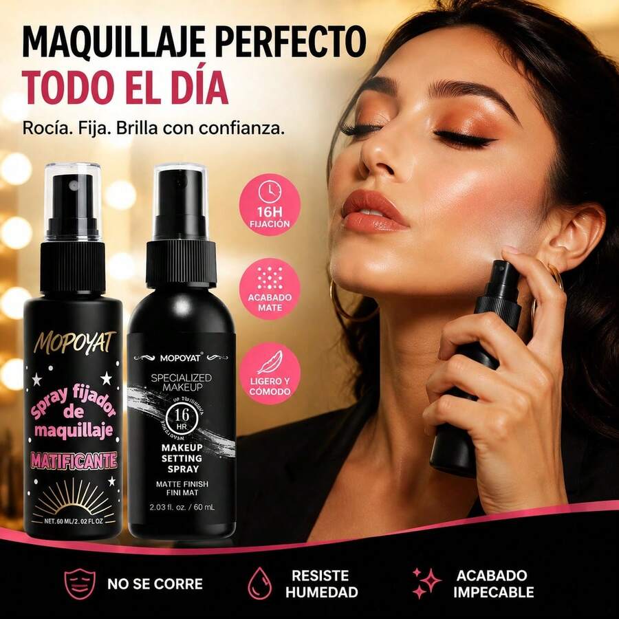Set MOPOYAT de 2 Sprays Fijadores: Larga Duración + Acabado Mate – Te aguanta el maquillaje, te controla los brillos y te lo deja con mejor aspecto – Pa' que no batalles con el calor – 2 Piezas - negro - Ver 1