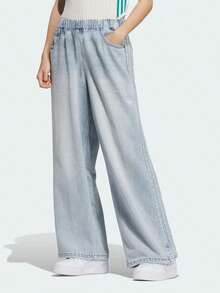 Adidas Three-Leaf Clover Women's Wide-Leg Jeans Curved Hem Pants - Light Denim Blue - View 1