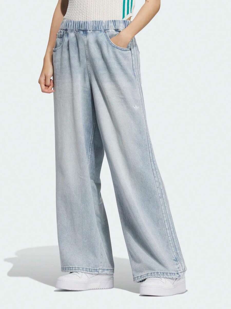 Adidas Three-Leaf Clover Women's Wide-Leg Jeans Curved Hem Pants - Light Denim Blue - View 1