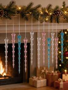 12pcs Acrylic Icicle Christmas Tree Hanging Ornaments, Pink & Blue Transparent Crystal-Like Faux Ice Drop Pendants, Shiny Winter Holiday Home Party Decor - Multicolor - View 5