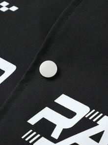 Matte Black American Racing Style Stand Collar Baseball Jacket, Burgundy Contrast Color Racing Letter Print Stand Collar Baseball Jacket, Niche American Hip-Hop High Street Jacket, Racing Element All-Over Print Baseball Windbreaker, Slim Fit Slightly Loose For Men - black red - View 6