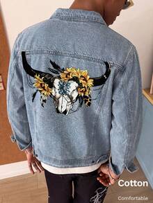 Men's Light Blue Denim Jacket, American Western Style Graphic, White Ink Direct-To-Garment Print, Y2K Style - Light Denim Blue - View 1