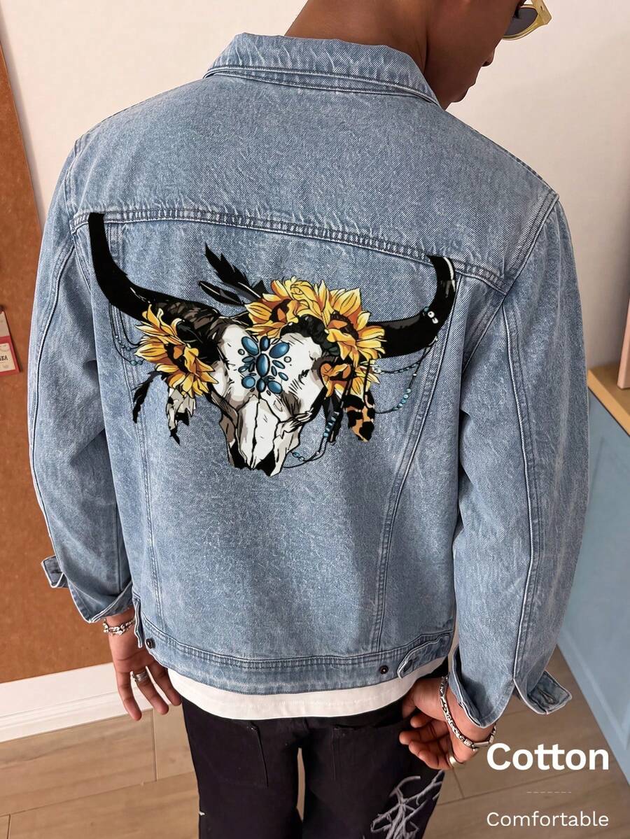 Men's Light Blue Denim Jacket, American Western Style Graphic, White Ink Direct-To-Garment Print, Y2K Style - Light Denim Blue - View 1
