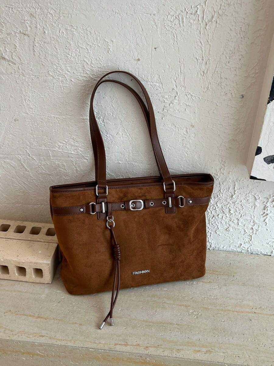 Vintage Textured Large Capacity Tote Bag, Fashionable Exquisite Buckle Design Handbag, Women's Daily Commute, Shopping Shoulder Bag