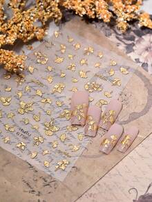 金色銀杏葉美甲貼紙 3D 箔壓花葉片貼花 復古風可穿戴美甲 DIY 美甲裝飾配件 - 彩色 - 查看 7