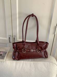 Modische hochwertige weinrote PU-Material Damen Schultertasche, hochwertige exquisite Hardware Schlaufe mit dekorativer Schultertasche/Pendler-Tasche - Bordeaux - Übersicht 6