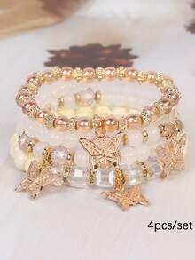4pcs/Set Bohemian Style Multi-Layer Time Gem Butterfly Pendant Asymmetrical Beaded Bracelet Set, Suitable For Daily Wear, Gift - Time Gem Butterfly Bracelet - View 18