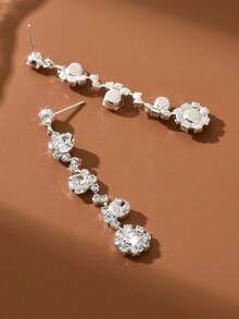1 Pair Fashion Long Teardrop Rhinestone Dangle Earrings, Suitable For Women's Daily Wear - Silver - View 3
