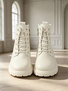 1 Pair Minimalist Kids' Boots, Soft PU Front Lace-Up With Inner Zipper Design, Versatile British Style All-Match Ankle Boots, Suitable For Daily Wear, School, Vacation And Outdoor, Autumn/Winter New Arrival - Beige - View 4