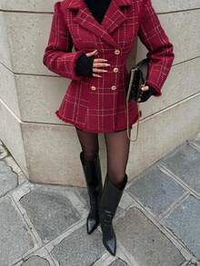 Women's Red Plaid Woven Double-Breasted Long Sleeve Jacket With Tassel Trim, Perfect For Autumn/Winter - Red - View 2