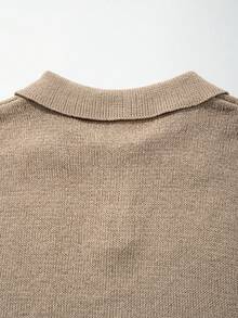 Men's Neutral Polo Collar Knit Sweater, Daily Commute Casual Versatile Solid Color Old Money Business Loose Short Sleeve Knit Top, Spring/Summer - Khaki - View 7