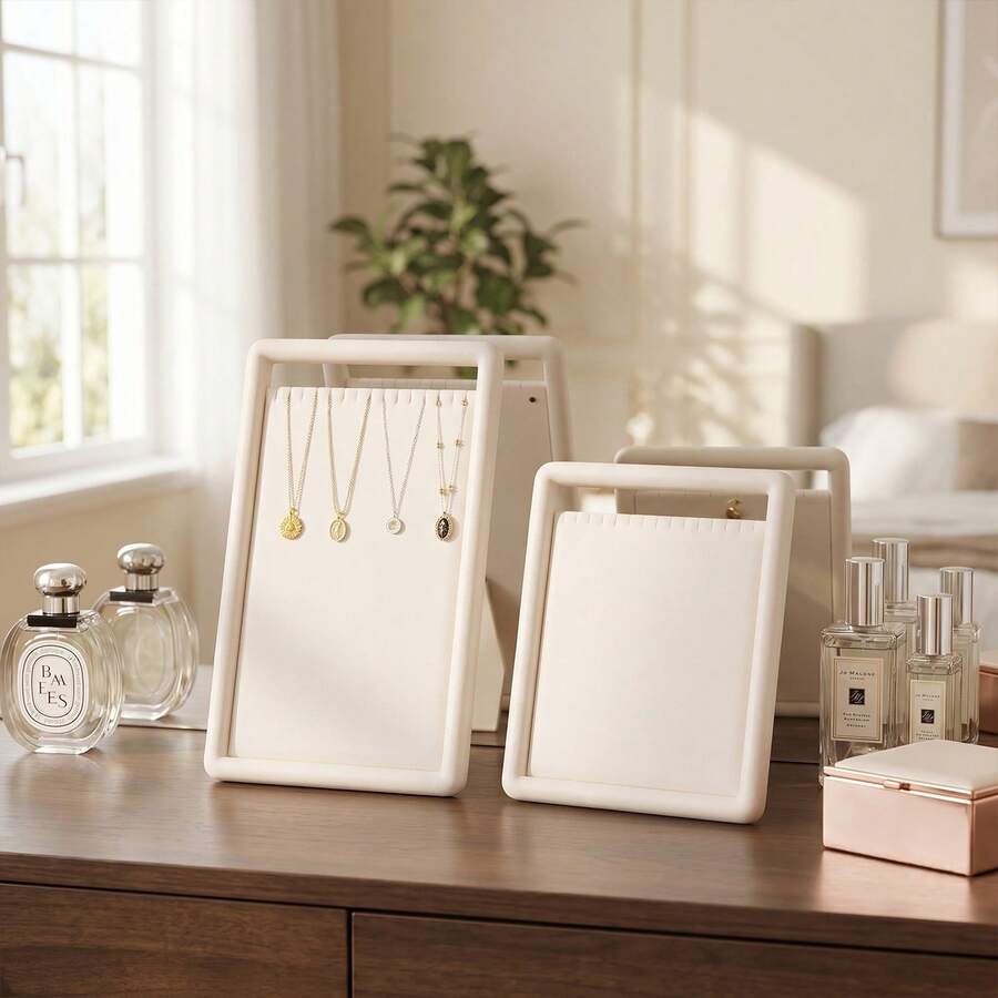1pc Multi-Size Beige Scratch-Resistant PU Leather Jewelry Necklace Display Stand, Foldable Desktop Vertical Holder With Handle, Sturdy Support, Suitable For Jewelry Store Display, Home Vanity Storage, Live Streaming Photography Prop