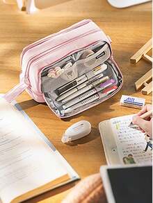 Personalized Name Pencil Case, Custom Text Large Capacity Double Layer Pen Pouch With Multiple Compartments And Carry Handle, Portable Stationery Organizer And Cosmetic Storage Bag For Women, College, Office, Travel, Birthday And Back To School Gift - Multicolor - View 10