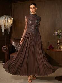 Elegant Women's Long Sleeve Stand Collar Rhinestone Pleated Maxi Dress, Suitable For Formal Evening Banquets And Balls - Coffee Brown - View 8