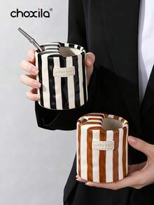 choxila 1pc Vintage Striped Hand-Painted Ceramic Mug, Creative Dual-Purpose Cup, Office Coffee Cup, Suitable For Breakfast And Afternoon Tea - Striped Ceramic Cup - View 2