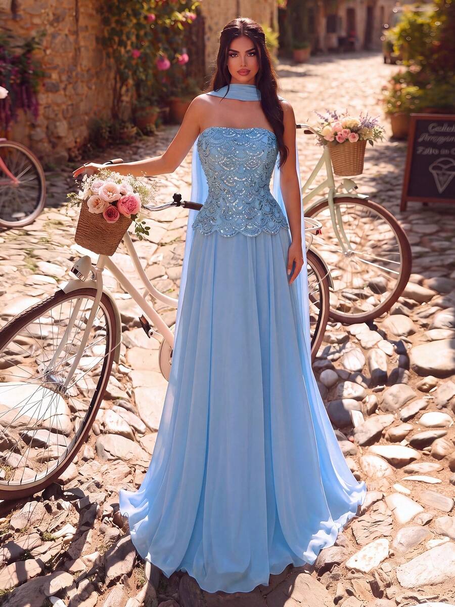Faeriesty Exquisite Strapless Sequin Evening Gown With Scalloped Hem Fall Wedding - Light Wash - View 1