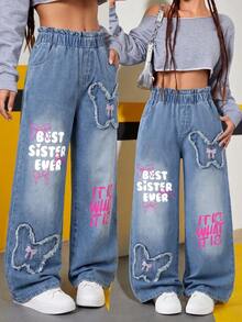 Girls' Denim Jeans With Distressed Butterfly Embroidery, Elastic Waist, Straight Leg, Streetwear Sweet & Cool Fashion Casual Versatile - Medium Wash - View 8