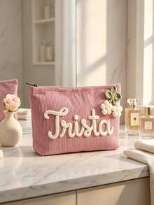 Custom Name Embroidered Corduroy Makeup Bag, Personalized Text Cosmetic Storage Pouch, Soft Travel Toiletry Organizer, 2pcs - Multicolor - View 7