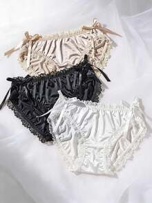 Mystèrelle 3PCS Women's Coquette Satin Panties, Lace Trim & Side Tie Bows, Sexy Silky Low-Rise Briefs, Cute Ruffled Underwear Essentials - Multicolor - View 5
