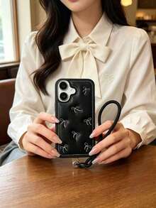1pc Black 18, 17 Pro Max Korean Ins Style Fashion Embroidered Bow + Short Wrist Strap With Transparent Film, Compatible With 17 Pro/16 Pro Max/16/16 Pro/16 Plus/15/15 Pro Max/15 Pro/15 Plus/11/12/13/14/14 Pro Max/14 Pro/13 Pro Max - Black - View 3