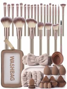 16/25/42Pcs Makeup Brushes Set With Portable Storage Bag, 25pcs Soft Synthetic Hair Face & Eye Brushes, Makeup Sponges, Triangle Powder Puffs, Hairband, Wrist Bands, Brush Cleaning Bowl, All‑In‑One Multipurpose Makeup Tools For Daily Use - Brown - View 1