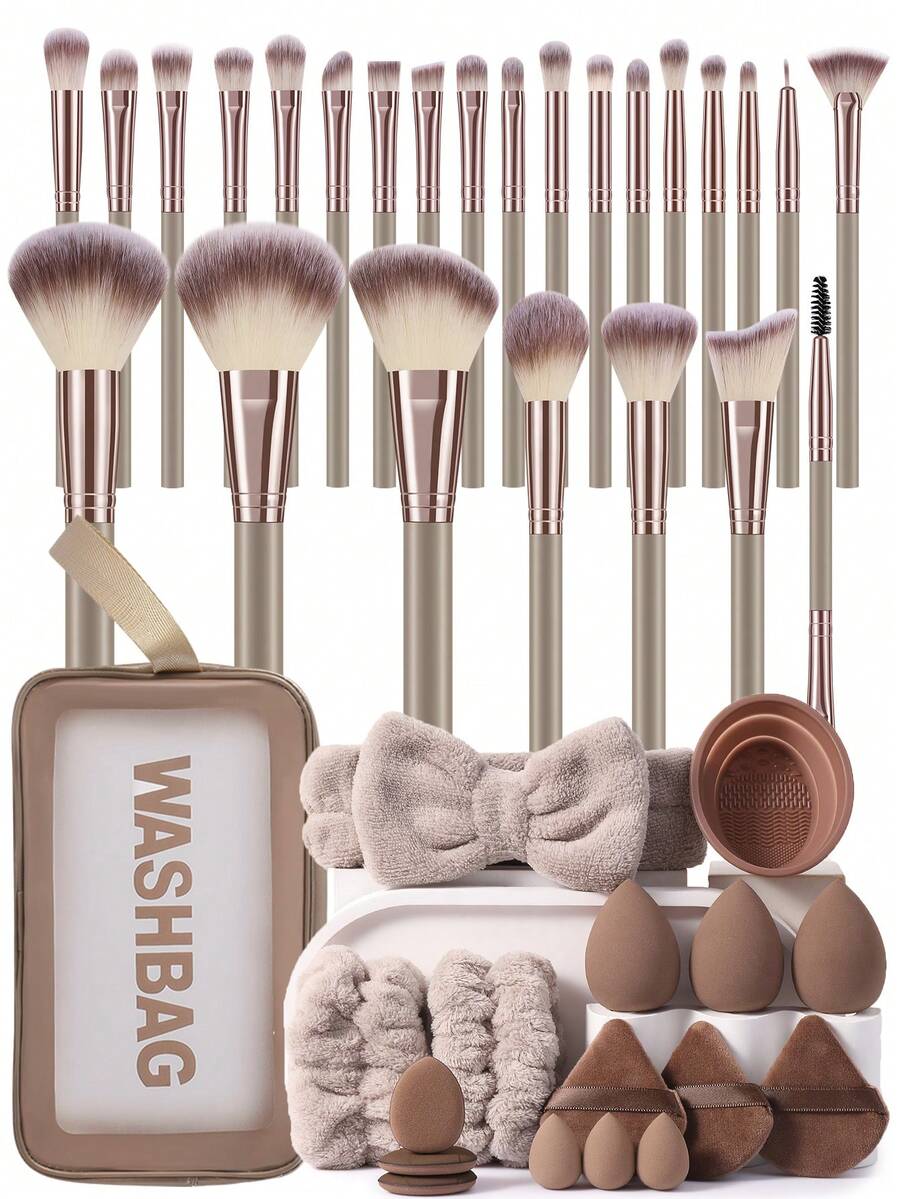 16/25/42Pcs Makeup Brushes Set With Portable Storage Bag, 25pcs Soft Synthetic Hair Face & Eye Brushes, Makeup Sponges, Triangle Powder Puffs, Hairband, Wrist Bands, Brush Cleaning Bowl, All‑In‑One Multipurpose Makeup Tools For Daily Use - Brown - View 1