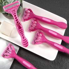 6 piezas/paquete de maquinillas de afeitar desechables manuales para hombres y mujeres, maquinilla de afeitar de 3 hojas, maquinilla de afeitar desechable para hotel y viajes - Rosa - Ver 5