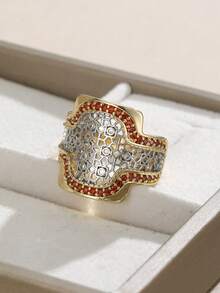 ZHIXUN 1pc Vintage Elegant Inlaid Synthetic Zirconia Dual-Color Hollow Pattern Women's Ring, Versatile Accessory For Daily Wear, Dating, Party, Banquet - Ring - View 6