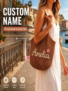 1pc Personalized Crochet Tote Bag, Customized Name Embroidered Woven Beach Shoulder Bag, Lightweight Reusable Summer Shopping Gift, Suitable For Women - Multicolor - View 7