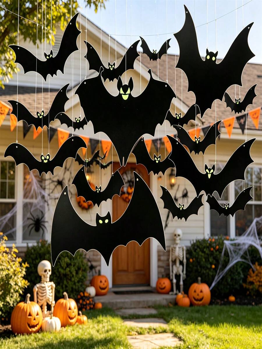 12pcs Halloween Decorations, Hanging 3D Bat Ornaments With Glow-In-The-Dark Eyes For A Realistic And Spooky Effect. Suitable For Halloween Atmosphere Decorations, Hanging On Trees As 3D Fluorescent Glow-In-The-Dark Party Decorations - Multicolor - View 1