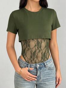 GLAMSKIN Women's Sexy 2-In-1 Short Sleeve Bodysuit, Lace Patchwork Sheer Mesh Summer Party Outfit, Casual Dating Autumn Back To School Outing Wear - Army Green - View 8