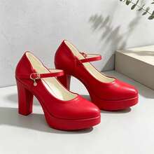Geeyea Vintage High-Heel Mary Jane Shoes For Women,Round-Toe Block-Heel Slip-On Shoes With An Ankle Strap Buckle,Shoes For Women Heels - 紅色 - 查看 4