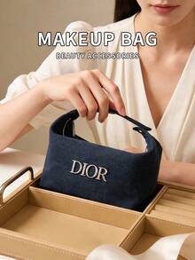 Dark Denim Handheld Cosmetic Bag Multi-Space Makeup Storage Organizer Metal Letter Logo Wash Pouch Classic Luxury Beauty Gift For Women - Dior Cosmetic Bag DIOR-GIFT-123 - Denim Blue - View 9