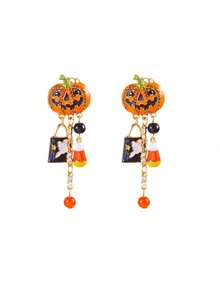 1pc Novel Halloween Pumpkin Earrings, Micro-Inlaid Rhinestones With Enamel Coating, Fun Exaggerated Ear Jewelry - Orange - View 7