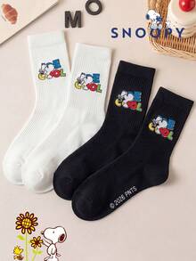 1/2 Pairs Snoopy Socks Men's Winter Socks Black And White Striped Breathable Crew Socks, Suitable For Students Adults Gift Daily Use Fun Christmas Gift - Multicolor - View 4