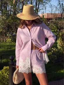 Women'sStriped Lace Shirt And Shorts Set, Lapel Collar Button Drawstring Design, 2-Piece Summer Set, Autumn Commute Outfit, Holiday Wear, Street Style - Pink - View 2