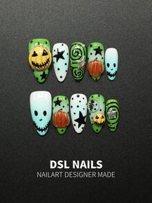 10pcs Handmade Almond Press-On Nails, Fresh Green And Mint Blue Gradient Base, Decorated With 3D Pumpkin Head Accessories, Skull Ghost Face Print, Black Polka Dots, Spiral Lines And Star Patterns, Silver Metallic Star Accents. Quirky Halloween Atmosphere. Almond Nail Shape Visually Slims Fingers, Suitable For Halloween Parties, Cosplay. Comes With Complete Nail Art Tool Set, Easy DIY, Perfect Gift For Halloween Theme Nail Art Enthusiasts. - Multicolor - View 10